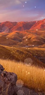 Golden mountain landscape with scenic view and sparkling lights.