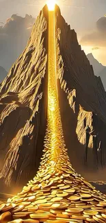 Golden pathway leading up a majestic mountain peak wallpaper.