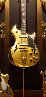 Golden guitars and saxophone wall art for music lovers.