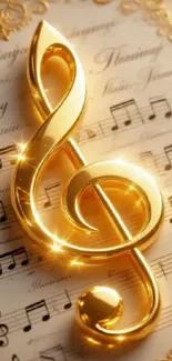 Golden musical note on elegant sheet music.