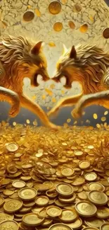 Mythical golden creatures over coins, fantasy art wallpaper.