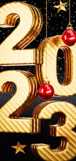 Golden 2023 numbers with red ornaments on a dark background.