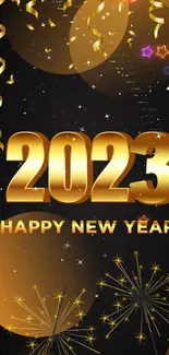 Golden 2023 Happy New Year wallpaper with fireworks and stars.