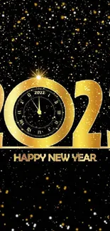 Golden 2023 New Year wallpaper with clock on black background.