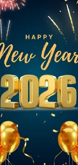 Golden balloons and fireworks for New Year 2026 celebration.