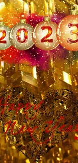 Festive 2023 New Year wallpaper with golden decor.