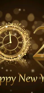 Elegant golden clock New Year wallpaper with festive design.