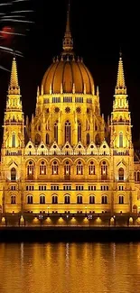 Golden illuminated cathedral with night fireworks reflection.