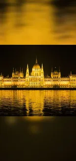 Golden cityscape wallpaper with night reflections on water.