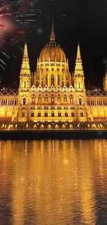 Golden cityscape with night fireworks reflecting on water.