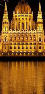 Golden-lit building reflected on water at night with fireworks.