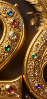 Golden numbers with jewels and feathers creating an ornate design.