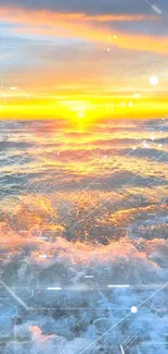 Digital artwork of a golden ocean sunrise with waves and a colorful sky.