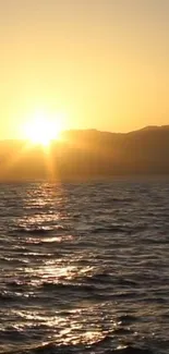 Golden sunset over the ocean with serene waters and a tranquil horizon.