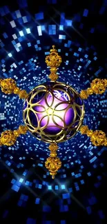 Golden ornamental orb with a vibrant blue and purple background.