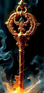 Ornate golden key with mystical smoke