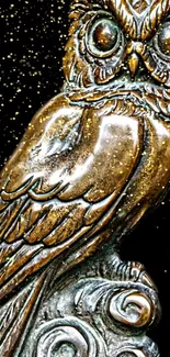 Golden owl sculpture on starry black background.