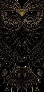 Intricate golden owl design on a black background.