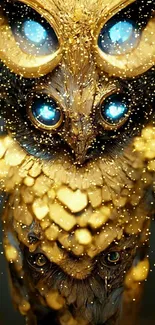 Fantasy golden owl with blue eyes wallpaper.