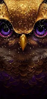 Intricately designed golden owl with large purple eyes on a black background.