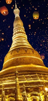 Golden pagoda and floating lanterns under a starry night sky.