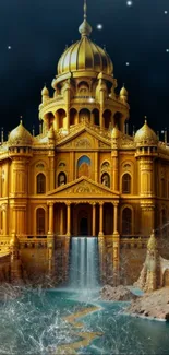 Golden palace with intricate details and water reflections, fantasy art style.