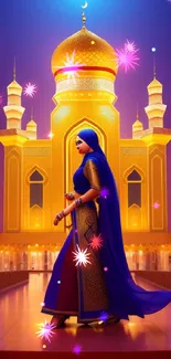 Woman in blue robe stands before a golden palace.