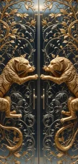 Golden panthers adorn ornate doors in luxurious design.
