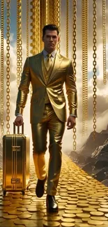 Businessman walking on golden path with chains.