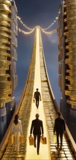 Golden highway with coin towers and people ascending the path.