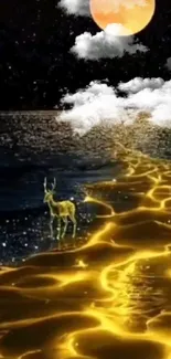 Golden pathway on water under a full moon with a deer silhouette.