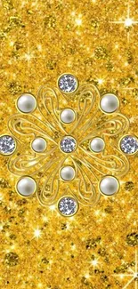 Golden glitter wallpaper with jeweled pattern.