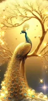 Golden peacock standing before a glowing tree in a dreamscape.