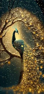 Golden peacock illuminated in a mystical forest.