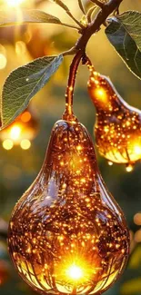 Golden pears glowing with sparkling lights on a branch.