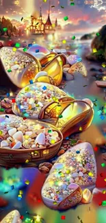 Golden pebbles and colorful confetti by a scenic lakeside.