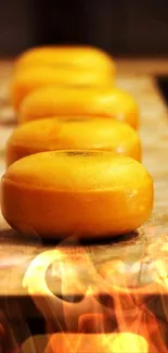 Golden persimmons on a rustic wooden board, vibrant and warm.