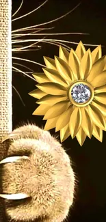 Golden flower and animal paw on dark background mobile wallpaper.