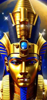 Golden pharaoh wallpaper with intricate blue and gold details.