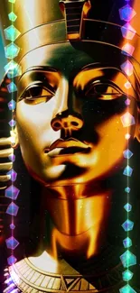 Golden Pharaoh artwork with vibrant prism effects on a wallpaper.