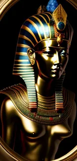 Golden Pharaoh statue on black background with Egyptian design elements.