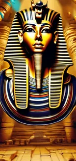 Golden pharaoh mask with Egyptian theme on a vibrant mobile wallpaper.