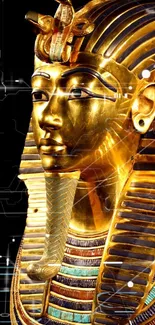 Golden Pharaoh mask with rich Egyptian design set against a dark background.