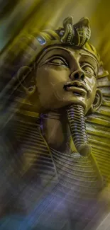 Golden Egyptian pharaoh statue with dynamic color effects.