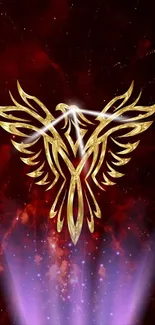 Golden phoenix with fiery red cosmic background, perfect for mobile wallpaper.