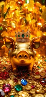 Golden pig with crown amidst coins and jewels