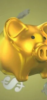 Golden piggy bank on green background, symbolizing wealth.