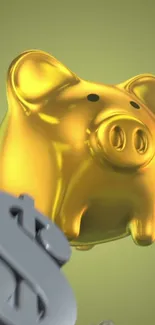 Mobile wallpaper of a golden piggy bank with dollar symbols on a yellow background.