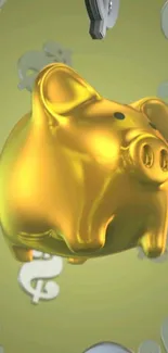 Golden piggy bank with floating dollar symbols, vibrant wallpaper.