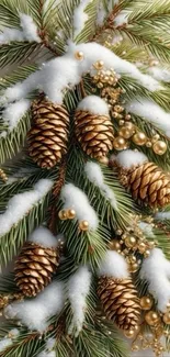 Golden pine cones on snowy pine branches in a festive wallpaper.